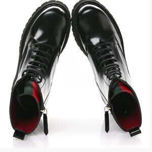 NWB Gucci Web Spice Lux Nappa Lace Up Combat Boots Web Black Leather 794394